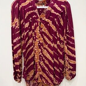 Elegant Burgundy and Tan Tie-Dye Blouse